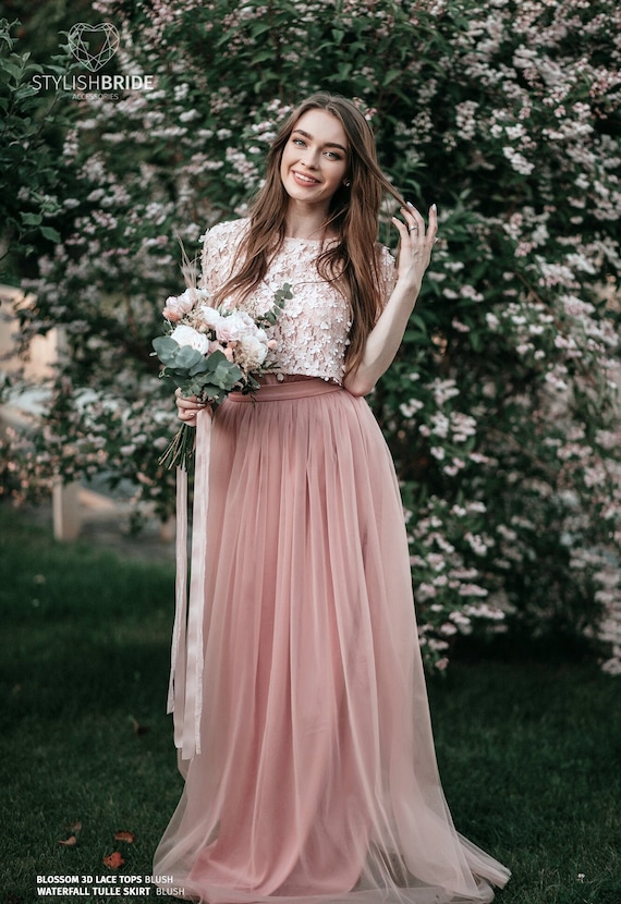 Blossom Dress Blush Lace Dress 3 Pieces Set Waterfall Tulle Skirt Blossom Top and Silk Under Top Prom Dresses Plus Size Etsy UK