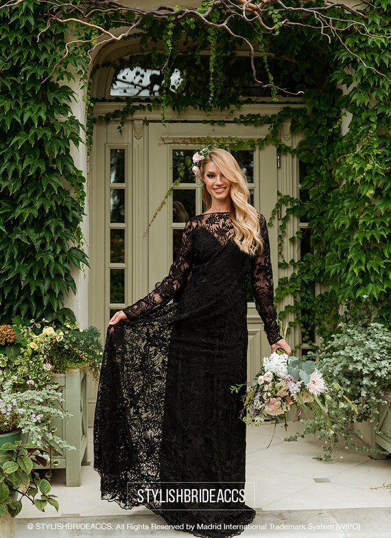 Enchanted Forest Floral Lace Boho Engagement Black Lace Gown With Black Slip Dress Gothic Wedding Dress Long Sleeve Plus Size Etsy