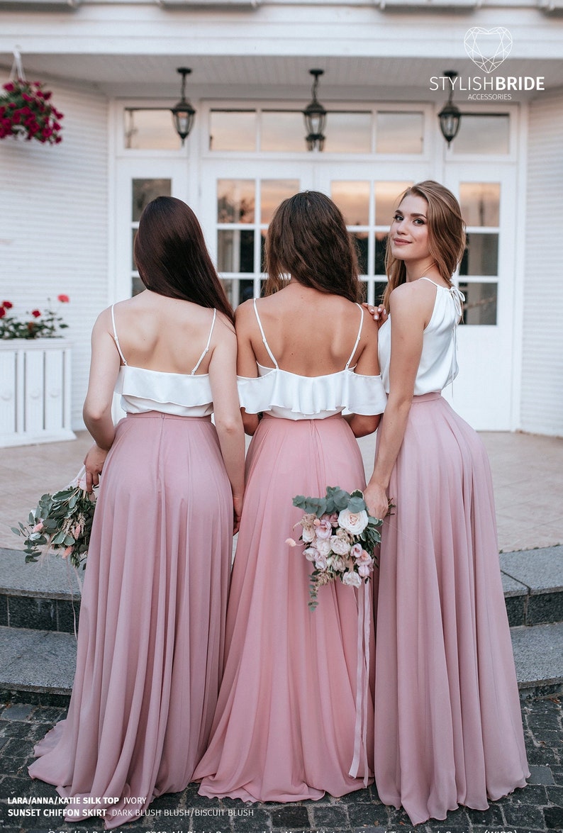 Blush Palette Chiffon Bridesmaid Separates: Chiffon Sunset Full Sun Flying A-line Skirts and Silk Tops available in Plus Sizes image 3