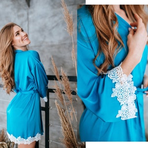 Ocean Blue Silk Robe, Bright Blue Silk Robe, Gift for Her, Bridesmaid Blue Soft Silk Premium Robes | Ember Lux