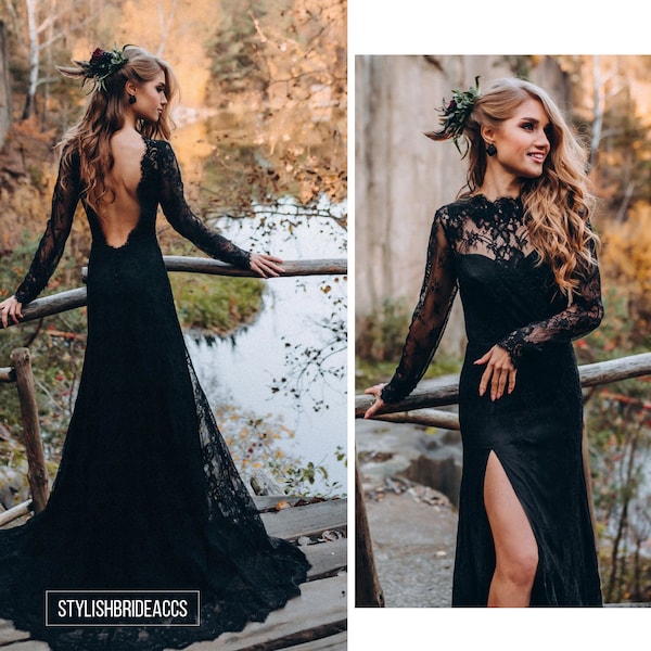 Floral Lace black wedding dress with deep v-back, black lace bridal dress long sleeves plus size Botanical Floral Wedding Dress | Rosaleen