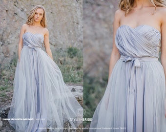 Simple tulle bridesmaid dresses, Dream Dress & Overskirt in Light Grey, Engagement Simple Tulle Dress, Sweetheart Strapless Tulle Maxi Dress