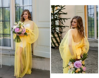 Zephyr: Yellow Trendy Pleated Volume Maxi Tulle Dress & Silk Satin Slip Dress by Stylishbrideaccs