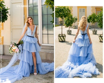 Blue Dream: Wedding Tulle Dress with Ruffles and Silk Satin Bodysuit, Blue Bridal Ball Tiered Long Tulle Gown + Veil as a gift!