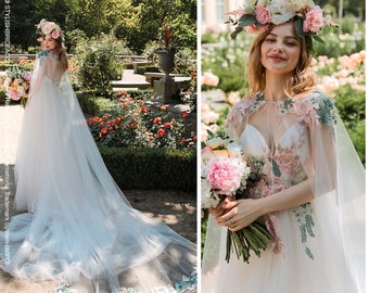 Garden of Love Cape: Blush-Sage Green Garden Bridal Cape with Floral Lace Appliques