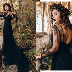 NEW! Black pearled bridal dress, 2 pieces dress, pearl bridal semi-transparent dress with black silk satin slip dress | Secret pearl