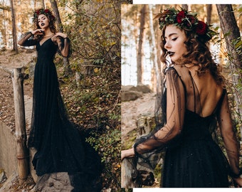 NEW! Black pearled bridal dress, 2 pieces dress, pearl bridal semi-transparent dress with black silk satin slip dress | Secret pearl