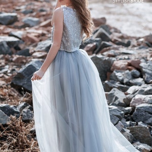 Illusion Ombre Dress, Grey Glitter Star Boho Wedding Dress, Prom Glitter Tulle Dress Plus Size, Bridal Separates, Wedding image 3
