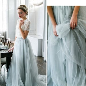 Boho tulle wedding separates, Bridesmaid dresses, Bridal two pieces dress, bridesmaid skirt with top, Plus size dusty blue tulle skirt image 1