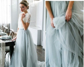 Boho tulle wedding separates, Bridesmaid dresses, Bridal two pieces dress, bridesmaid skirt with top, Plus size dusty blue tulle skirt