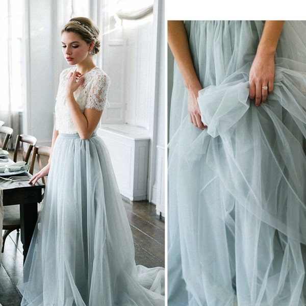 Boho tulle wedding separates, Bridesmaid dresses, Bridal two pieces dress, bridesmaid skirt with top, Plus size dusty blue tulle skirt