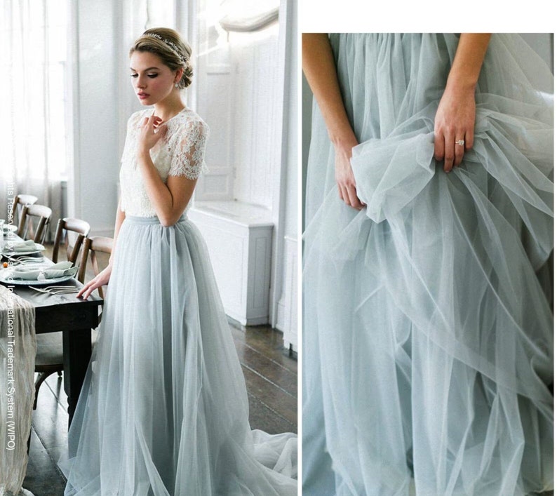 Boho tulle wedding separates, Bridesmaid dresses, Bridal two pieces dress, bridesmaid skirt with top, Plus size dusty blue tulle skirt image 1