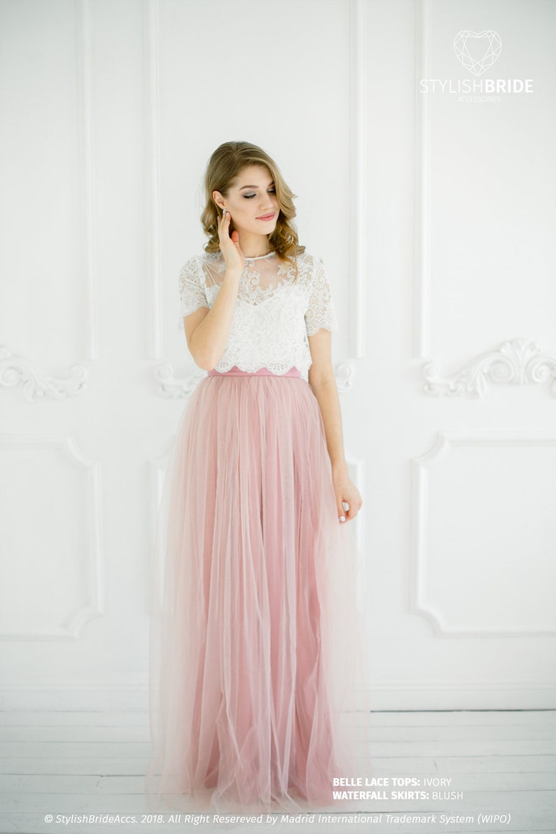 Belle Blush Lace Dress, Bridesmaids Long Blush Waterfall Skirt , Blush Engagement Prom Dresses Plus Size, Wedding Blush Dress image 1