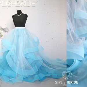 Blue Jewel Ombre Swan Skirt with Horsehair Hem, Wave Details  Wedding Tulle Skirt , Bridal Blue Prom Tulle Skirt with horsehair flounces