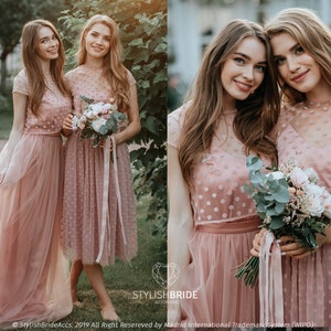 Bridesmaids Polka Dots Tulle Separates: Polka Dots Dark Blush/Blush Tulle Skirt with Dotted Tulle Crop Top + Silk Under Top = 3 pieces set