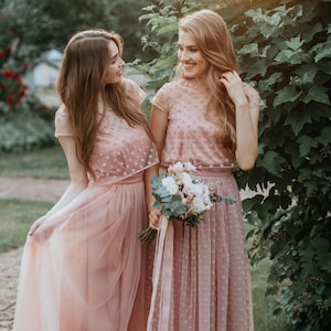 Bridesmaids Polka Dots Tulle Separates - Polka Dots Dark Blush/Blush Tulle Skirt with Dotted Tulle Crop Top, Silk Under Top. DIY