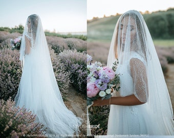 Morning Mist Glitter Cathedral Veil With Second Layer, Long Soft Tulle Veil With Glitter Sparkle, Boho Veil ,  Wedding