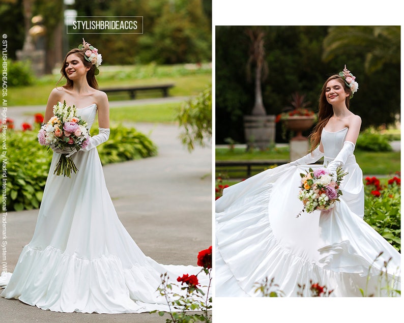 Euphoria: Trendy Wedding Dress Set With Voluminous Silk Satin Ruffle Skirt, Bridal Corset and High Satin Gloves image 1