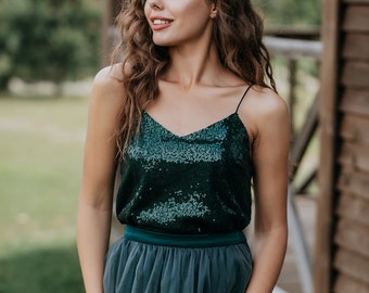 Green Sequin Top with Silk Satin Soft Lux Lining, "Confetti" Prom Party or Bridesmaids Bottle Green Sequined Blouse Plus Size