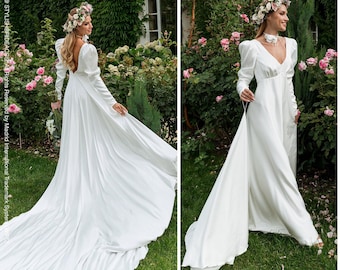 Abigail: Simple & Gorgeous Silk Satin Bridal Gown, Minimalist A-line Silk Satin Wedding Dress Long Sleeve and Huge Princess Train