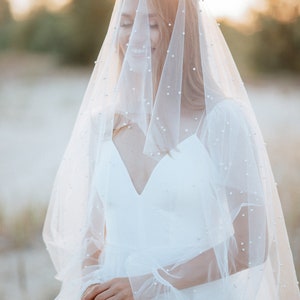 Black pearl cathedral veil with blusher Long soft tulle veil with pearls Floor wedding veil Bridal chapel veil with pearls l Pearl veil image 9