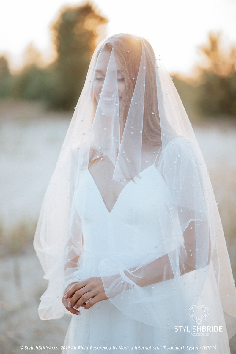 Black pearl cathedral veil with blusher Long soft tulle veil with pearls Floor wedding veil Bridal chapel veil with pearls l Pearl veil image 9