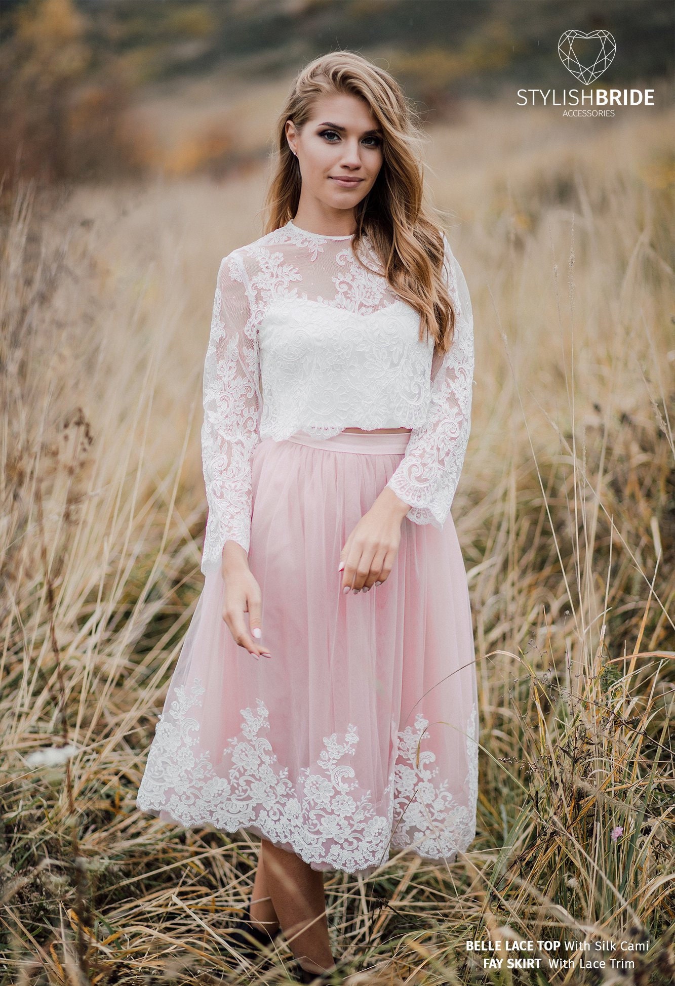 Engagement Belle Lace Dress, Tulle Skirt With Lace Trim and Belle Crop Top,  Bridal Separates Plus Size Available 