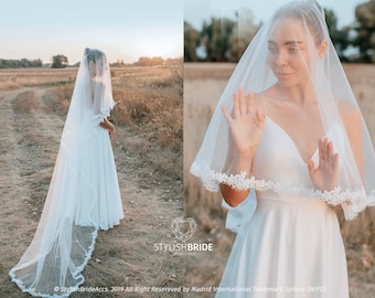 Rosaleen Chapel Bridal Veil with Thin Lace Trim, Long Gentle Veil with Blusher, Boho Veil  New SBA collection