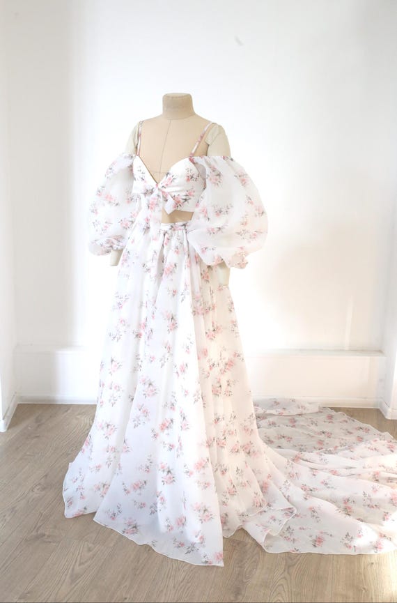 in Stock S Floral Organza Wedding Separates: Off-Shoulder Maxi Skirt with Slit and Bustier- Ready to Ship #2233