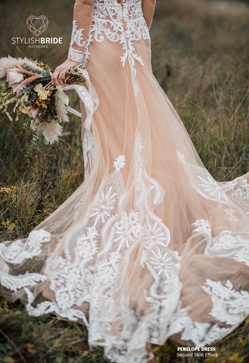 Penelope Second Skin Effect Boho Wedding Dress with Nude Underlay with Train, Champagne Nude Tulle Bridal Gown Lace Appliqués, SBA image 4