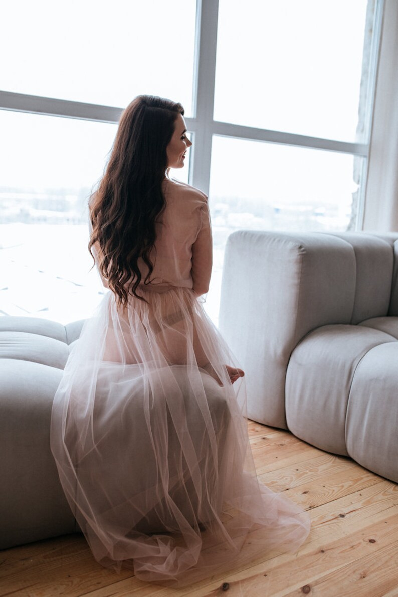 Miracle Blush Boudoir Tulle Dress, Bohemian Blush Lace Robe, Blush Tulle Boudoir Boho Gown, Lace Bridal Blush Robe Photo Shoot image 7