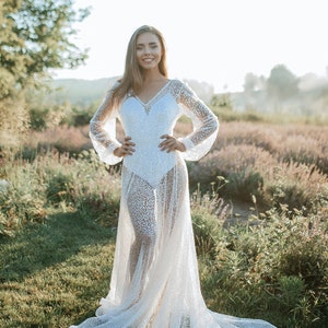 Transparent Ivory Mermaid Sequin Beaded Bridal Maxi Long Dress with Bodysuit, Luxury Prom Sparkle Ivory Wedding Dress, SBA image 2