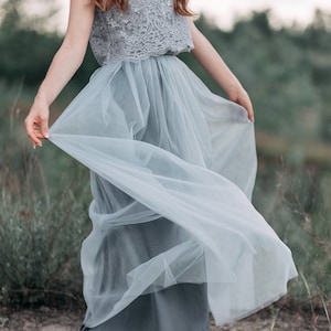 Dusty blue bridesmaid dress, dusty blue casual maxi dress, light grey blue boho wedding dress, dusty blue tulle skirt Mary & Waterfall image 2