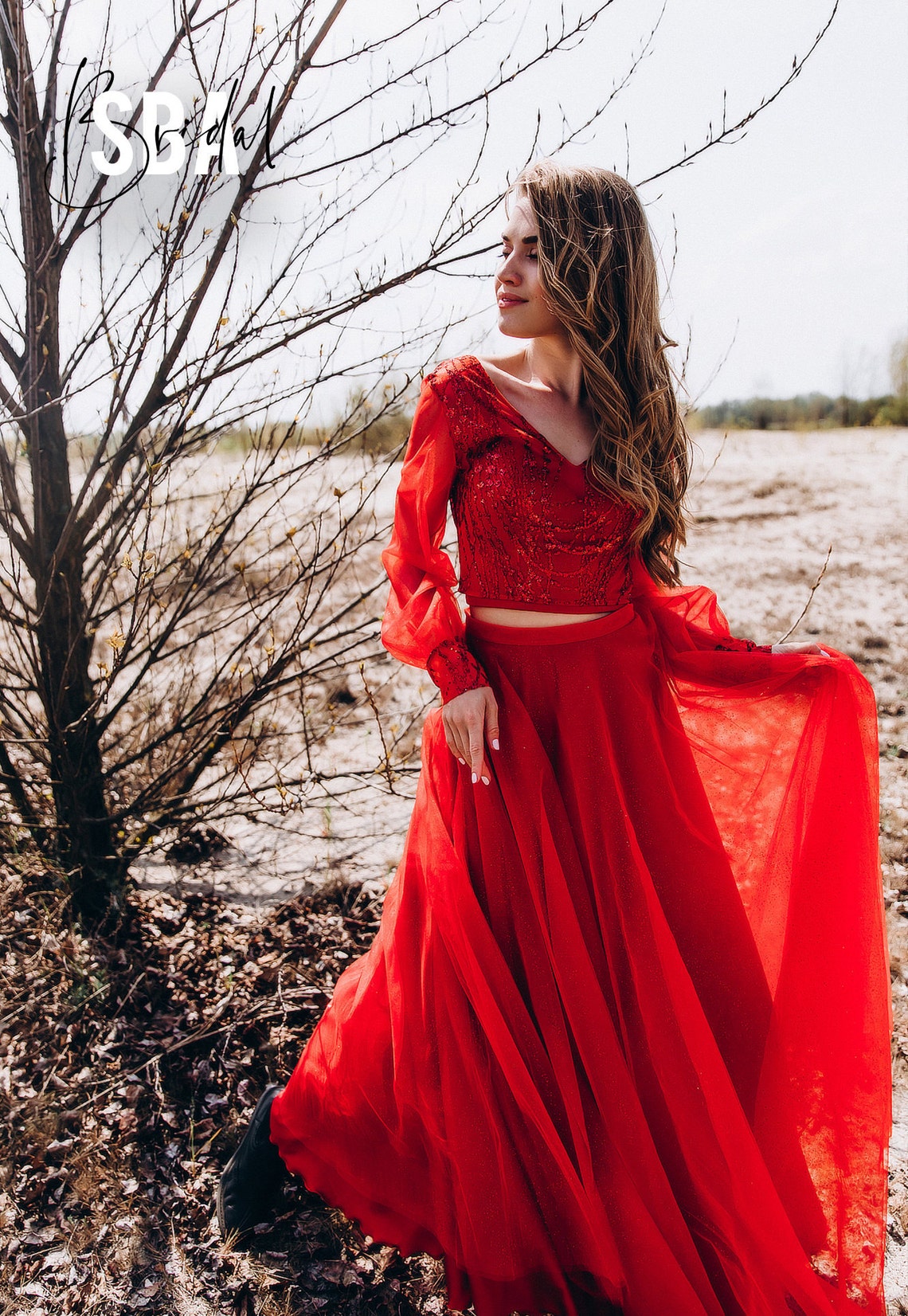 Red wedding dress long sleeves red bridal separates red image 2