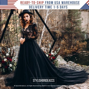 In Stock / Black Lace Wedding Dress Separates: Black Tulle Skirt with Lace Bodysuit. Aster, Gothic Wedding Gown.Halloween Outfit. Ready Made