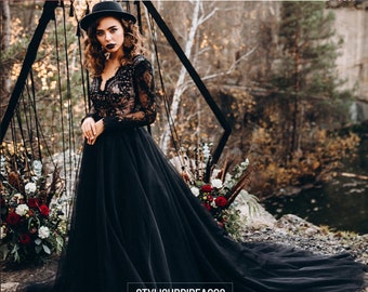 Black Lace Wedding Dress Separates: Gothic Tulle Skirt Bodysuit