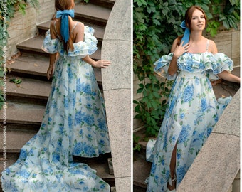 Blue Garden: Floral Printed Organza Off Shoulder Maxi Wedding Botanical Dress With Slit, Pockets And Long Train + Silk Bow As A Gift