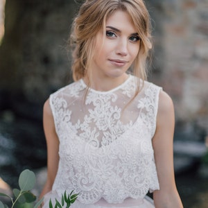 Belle Sleeveless Wedding Lace Crop Top, White or Ivory Lace Crop Top Tops, Engagement lace top plus size, Prom lace blouse