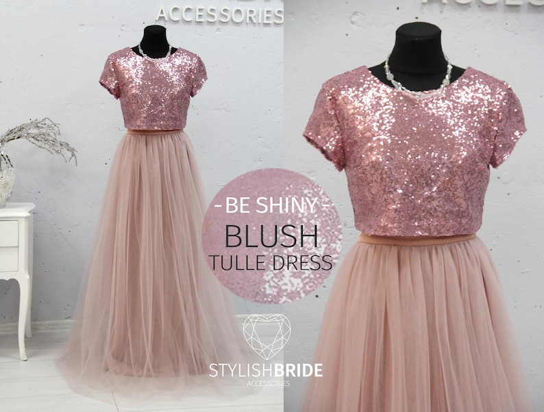 Blush Shiny Dress Tulle Set SEQUIN TOP and Tulle skirt, blush sequin top Bridesmaids Dress sequined top, Party Tulle BLUSH Pink Skirt image 1