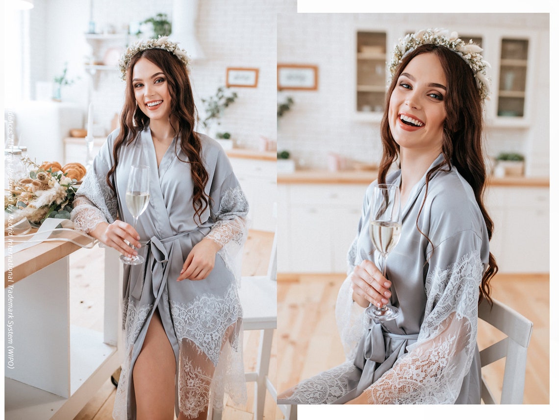 Light Grey Silk Robe With Lace Gray Silk Robe Silk Grey Etsy