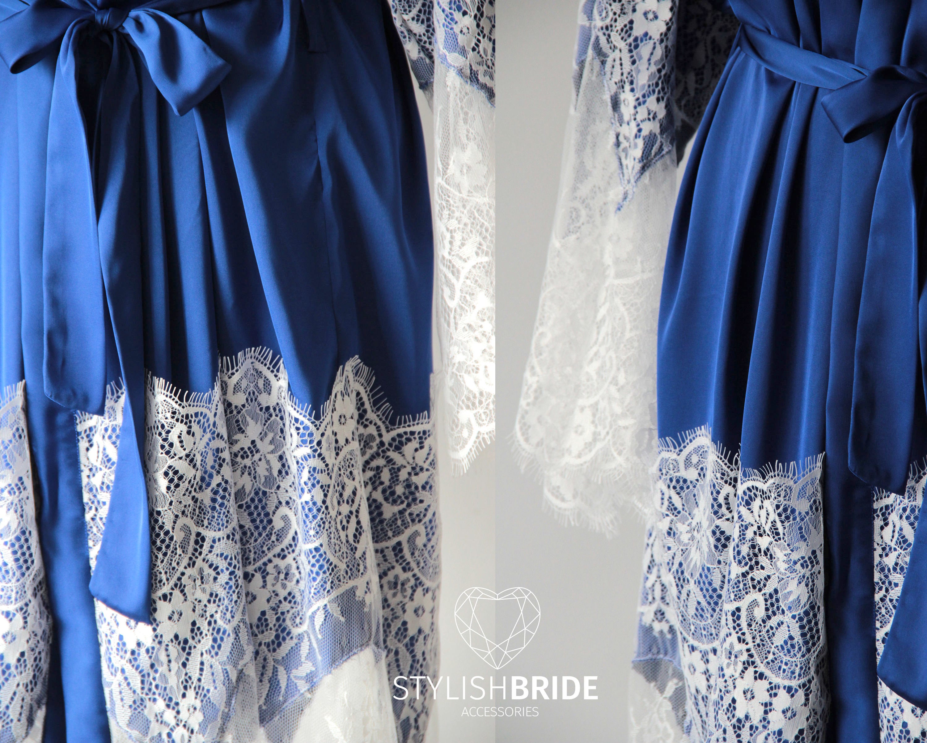 Royal Blue Bridal Silk Robe With Lace Silk and Lace Etsy UK