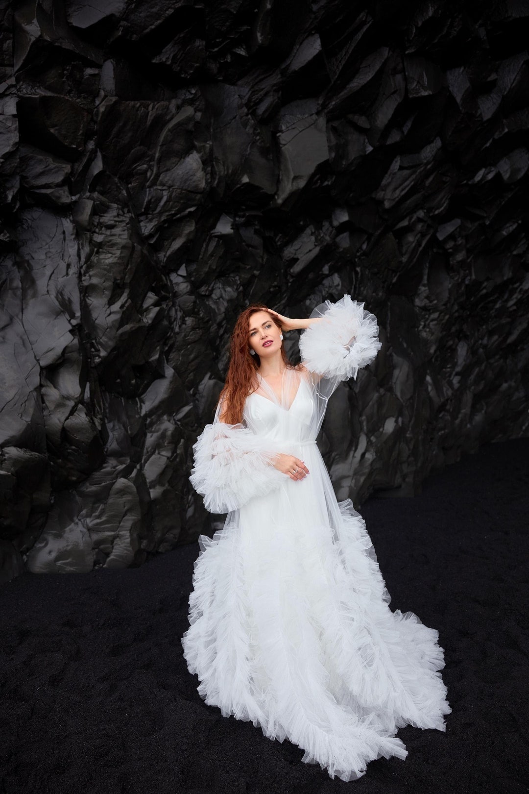 Sheer Long Ruffled Tulle Dress With Volume Sleeves and Ivory Silk Satin ...