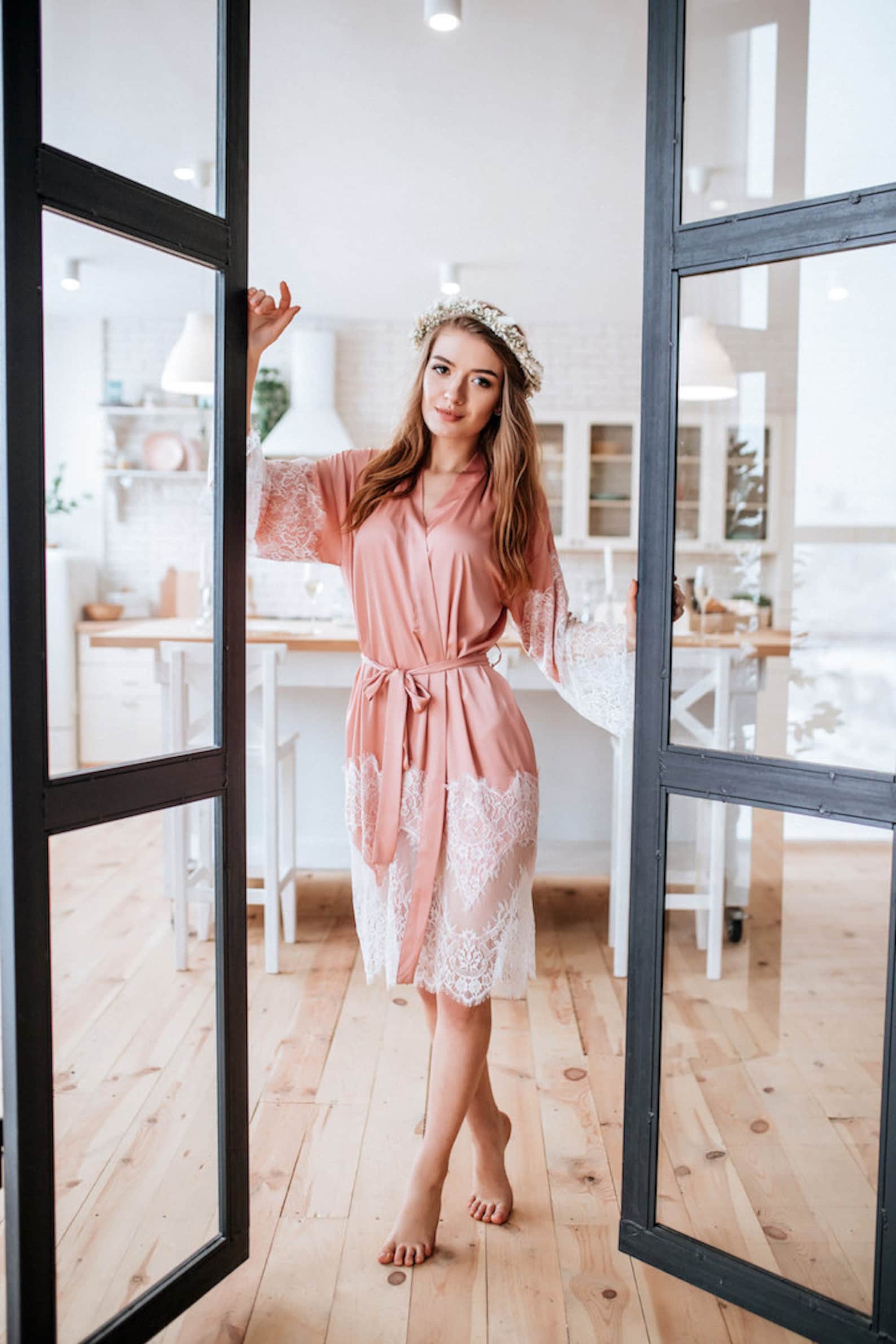 Blush Silk Robe Blush Bridal Robe With Wide Lace Trim Gift Etsy