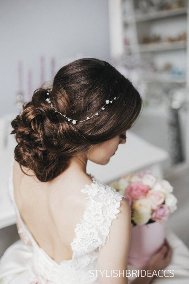 Thin Simple Wedding Pearl Crystal Hair Vine , Engagement hair accessories, minimalistic hair piece image 3