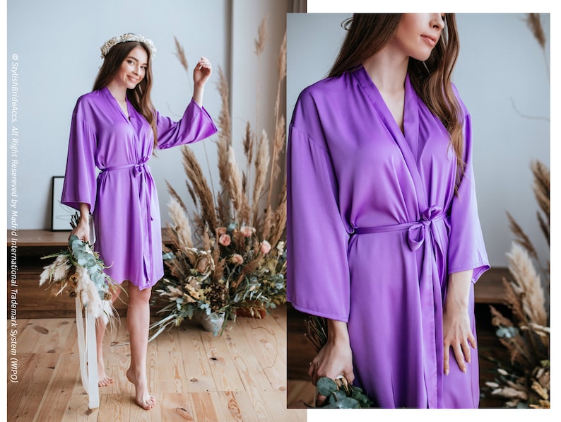 Purple lavender BOHO Silk Robe, Soft Silk Purple Palette Robes for Bridesmaids, Set of Robes, Plus Size Silk Robes Iris image 1