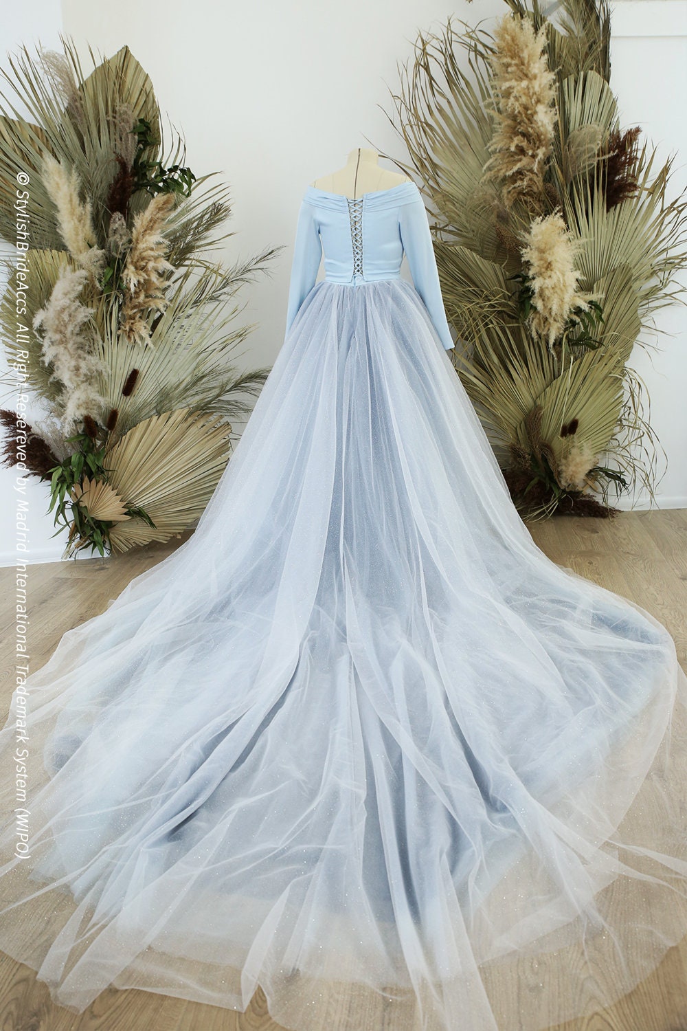 Custom Blue Ombre Wedding Dress "Lisa". Powder Blue Top Part with Long Sleeves and Blue Ombre Sparkle Tulle A-Line Skirt Huge Train