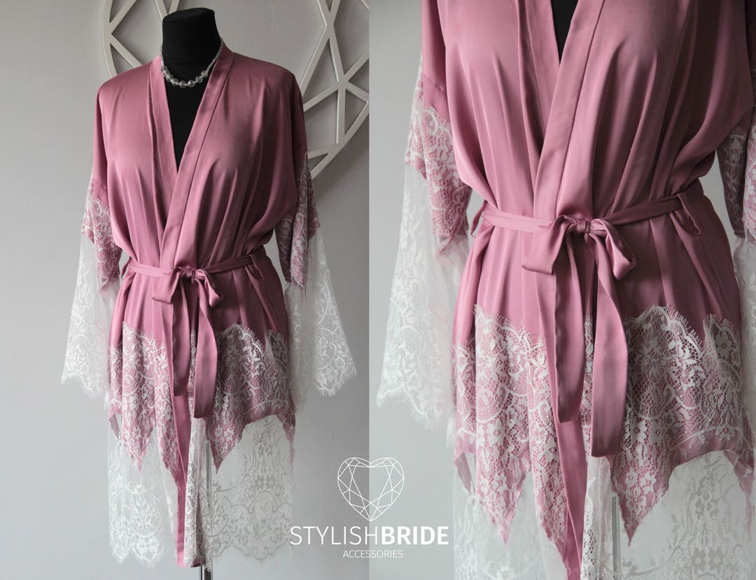 Pink Gardenia Bridal Silk Robe With Lace, Silk and Lace Bridal