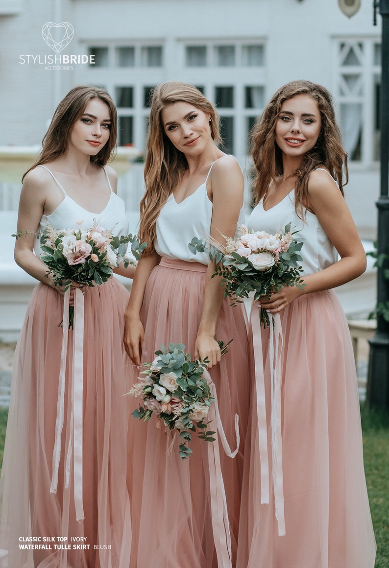 Simple Bridesmaids Separates: Silk Classic Cami Top and Waterfall Floor Length Tulle Skirt, available in Plus Size image 4