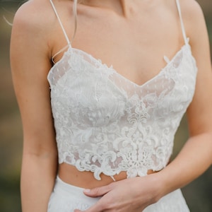 Wedding Lace Crop Top with Spaghetti Straps , New Boho Collection, Thin Straps Boho Bridal Top with Silk Bustier - 2 Pieces Set | Amore
