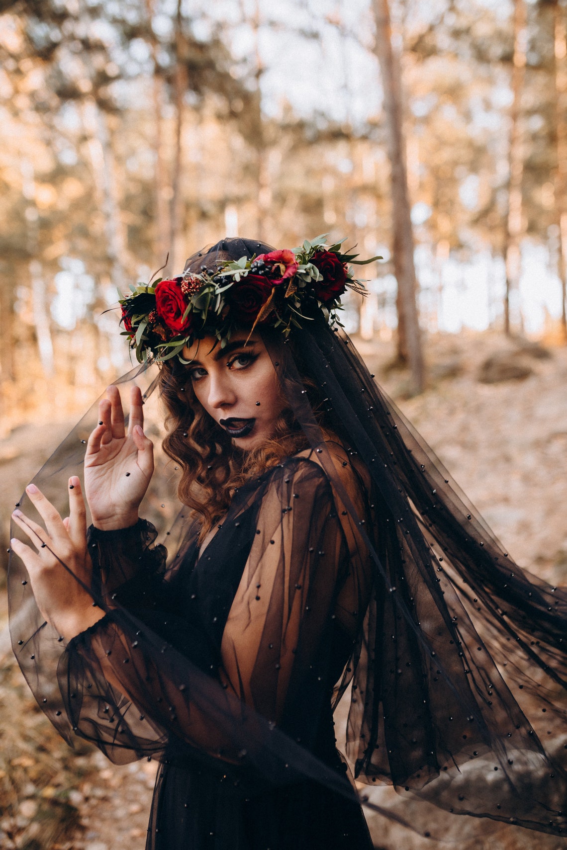 Black pearl cathedral veil with blusher Long soft tulle veil image 1